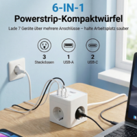 Enchufe de Extensión E-SUN Advanced Power Cube con 1 Puerto USB, 2 Puertos USB-C, 3 Tomas de Corriente Alterna, Enchufe Europeo, Uso Comercial, 16A, CE, 100-250V