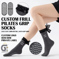 OEM Hochwertige Damen Yoga-Socken mit Schleifenbändern und Spitzenrüschen für Pilates, mit individuellem Logo