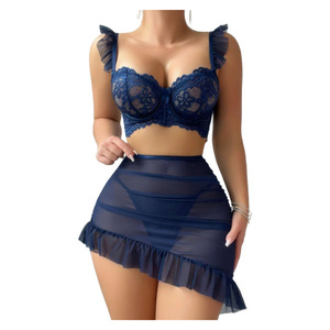 Gonna corta senza spalline in pizzo seducente Set di pizzo senza spalline con spalline intrecciate con biancheria intima - Product Image 2