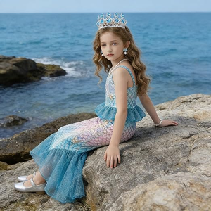 Costume da <span class=keywords><strong>Sirena</strong></span> Blu Cielo per Bambine - Vestito da Piccola <span class=keywords><strong>Sirena</strong></span> con Gioielli e Borsa, Abito da Principessa per Regalo <span class=keywords><strong>di</strong></span> Compleanno 3-12 Anni - Product Image 5