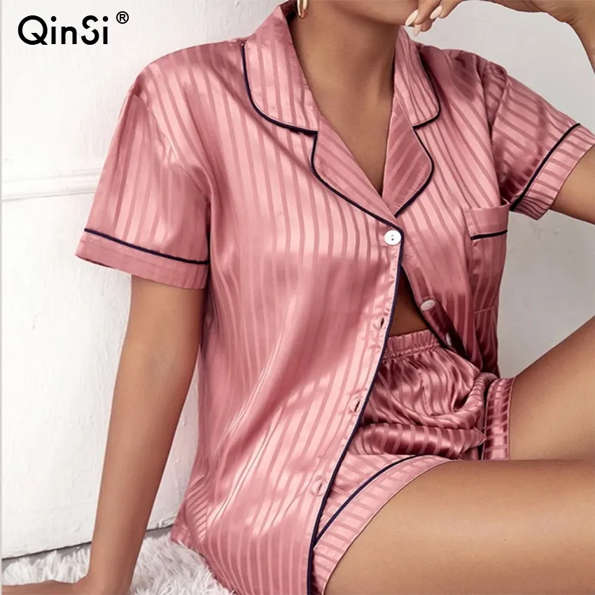 QINSI haut à manches courtes avec short vêtements de nuit PJ ensemble 2023 nouveau S-2XL femmes pyjama rayé soyeux Satin pyjama ensemble