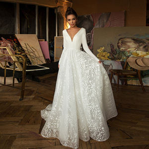 Wedding Dress Long Sleeve Deep V-neck Backless Ball Gown White Plus Size European Style J061 - Product Image 1