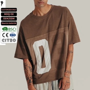 Custom Men Brown Washed Cropped T <b>Shirt</b> Raw <b>Patchwork</b> Letter Oversized Short Sleeve Crew Neck Streetwear Tee - Product Image 1