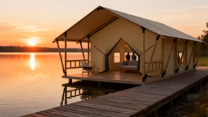 Tentes de glamping de luxe modulaires quatre saisons préfabriquées imperméables double couche forme triangulaire une chambre un salon en PVC - Product Image 4