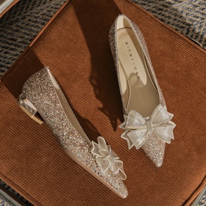 Ballerines de mariage couleur champagne à talon bas, dessus en cuir véritable, semelle intermédiaire en caoutchouc, imperméables - Product Image 4