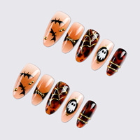 Lot de 30 faux ongles à presser en forme d'amande, style français, motif citrouille et crâne, plaqués or, perles 3D en ABS, collection Halloween Deborah