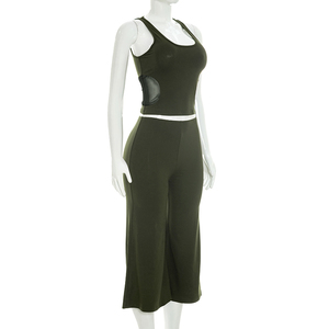 Viviblook Y26ST267 Women Casual Suit New Sexy Sleeveless Mesh <b>Patchwork</b> Tank <b>Top</b> High Waist Wide Leg Pants 2 Piece Set - Product Image 2