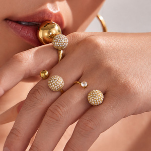 Plain & Paved Zircon Sphere Two Balls Gold <b>Stack</b> <b>Ring</b> - Product Image 3