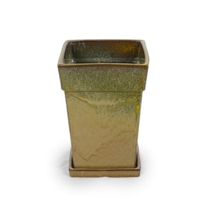 Pot de fleurs en céramique émaillée bicolore contemporain américain avec soucoupe et trou de drainage, vert foncé beige, carré, intérieur/extérieur - Product Image 5