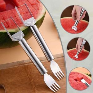 2-in-1 Dual Head Stainless Steel Watermelon Cutter Home <b>Kitchen</b> <b>Gadget</b> Fork Silcer Fruit Knife Fork Watermelon Cutter - Product Image 3