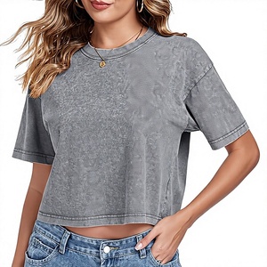 Haut court d'été ample à col rond et manches courtes pour femme, 100 % coton 220 GSM, délavé à l'acide, avec fonction anti-rétrécissement - Product Image 5