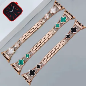 Nuevo diseño Lady Four Leaf Clover accesorios para mujer correa de reloj Bling pulsera para reloj inteligente de acero inoxidable 38 40 41