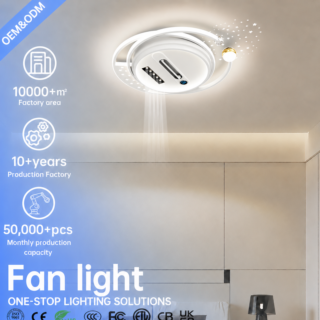 Modern LED Ceiling Fan Light with Remote Control, Round Flush Mount Fan Lamp for Bedroom Living Room Hotel Ceiling Light