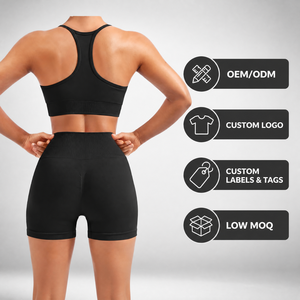 Conjunto Deportivo de 2 Piezas para Mujer, Sujetador Deportivo Racerback, Pantalones Cortos de Cintura Alta, Color Negro Sólido, Sin Costuras, Elástico en 4 Direcciones, Conjuntos de Yoga - Product Image 1