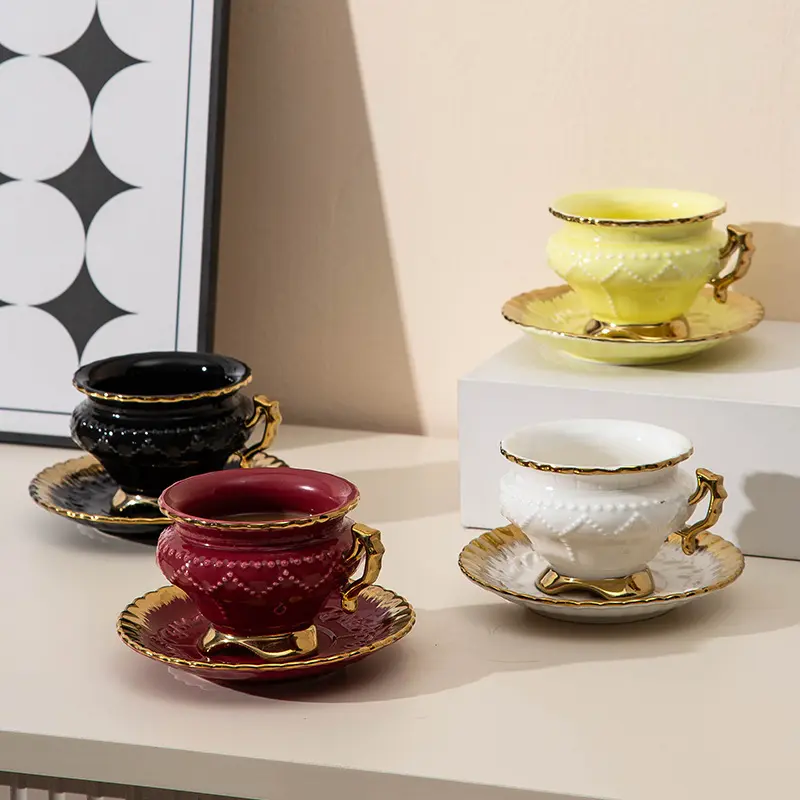 6Pcs Set Creative Ceramic Electroplated Coffee Cup Plate Set Household Gold Rim Coffee Cup Plate