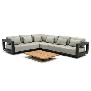 Patio Metal Furniture Waterproof Outdoor Sectional Lounge Group Corner Set with Teak wood Table Aluminium Garden Sofa