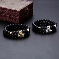 ZF Lot de 2 bracelets classiques extensibles en pierre naturelle noire pour homme, style punk, avec breloques zircon CZ, boule, crâne et lion, ensemble de bijoux