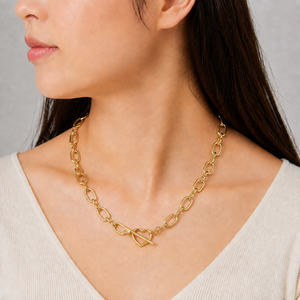 Collier à chaîne avec fermoir cœur en acier inoxydable plaqué or 14K sous vide, maillons ovales, 54 cm, options ton or et argent - Product Image 5