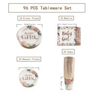 Ensemble de vaisselle moderne pour fête de naissance à thème floral rose doré, assiettes, serviettes, gobelets, couteaux et fourchettes en papier écologiques