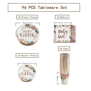 Gül altın çiçek bebek duş partisi sofra seti 24 çevre dostu tabaklar peçeteler bardaklar bıçaklar çatal masa süslemeleri - Product Image 6