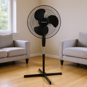 พัดลมตั้งพื้น Modernhome ขนาด 16 นิ้ว พร้อมระบบส่าย ปรับความสูงได้ สามระดับความเร็ว สีดำ โครงโลหะ มอเตอร์ AC สำหรับใช้ในครัวเรือน - Product Image 2
