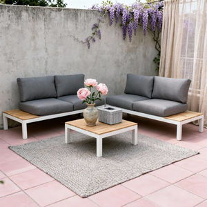 Ensemble de canapé deux places minimaliste pour extérieur avec table basse, couleur personnalisable, structure en métal et bois, mobilier de salon décontracté résistant aux intempéries pour patio - Product Image 2