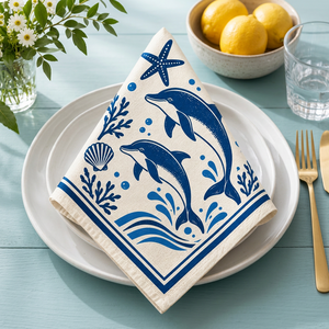 Serviette de table en coton imprimé de qualité supérieure avec motif dauphin et océan – Serviette de table sur le thème de la vie marine côtière avec étoiles de mer, coquillages et vagues - Product Image 5