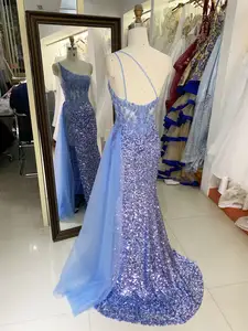 Venta al por mayor azul polvoriento un hombro bordado lentejuelas abertura lateral corsé sirena cremallera espalda vestido largo noche vestido de graduación 2025