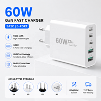 Meilleures ventes, nouvelle arrivée, chargeur rapide 60W GaN, chargeur rapide 5 ports, 3 USB C, 2 USB A, adaptateur mural PD3.0, OEM ODM pour iPhone Samsung