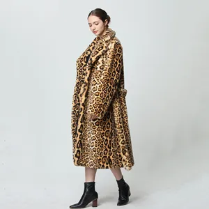 Vente en gros de nouveaux matériaux de luxe Manteau long en fausse fourrure avec ceinture B Manteau en fourrure d'hiver léopard
