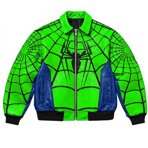 Blouson bomber en PU vert à motif toile d'araignée pour homme, fermeture éclair, col rabattable, style décontracté automne - Product Image 1