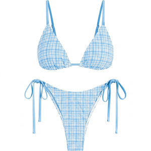 Conjunto de Bikini Azul a Cuadros para Mujer, Tirantes Finos, Escote en V Profundo, Detalle de Lazo, Alta Sujeción, Spandex/Poliéster, Transpirable, Secado Rápido - Product Image 1