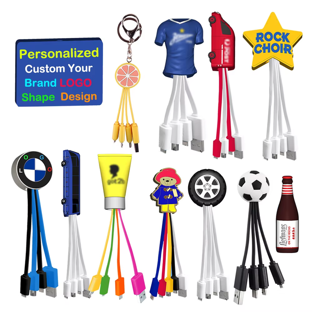 Personalizad Custom Corporate Gift Logo Charging Cable Pvc Travel Multi Phone Key Ring 3 in 1 Usb Charging Cable