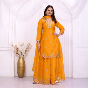 Women Yellow Embroidered Silk <b>Kurta</b> with Sequin Floral Work Dupatta Traditional <b>Indian</b> Pakistani Ethnic Party Wear - Product Image 1