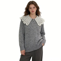 Modischer Damen-Cardigan mit Besticktem Spitzenkragen und Reißverschluss Übergroßer Langarm-Strickpullover in Grau Herbst-Winter-Mantel