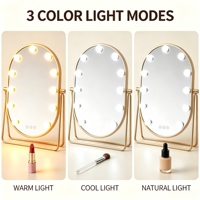 Oval Metal+Glass LED Cosmetic Mirror with 11 Dimmable Light Sources Touch Switch Magnifying Feature Desktop Use