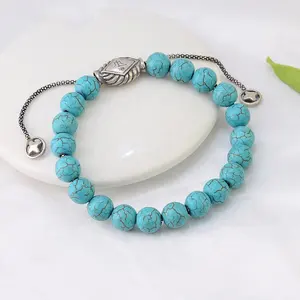 Fashion Hot Selling Natural Stone 8mm Bead Turquoise Jewelry 925 Sterling Silver Retro Creative Adjustable Bracelet