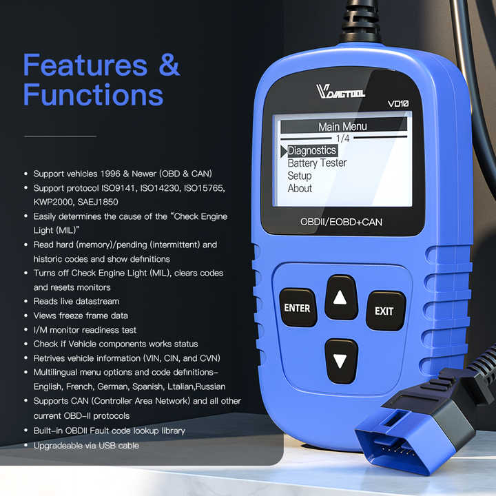 VDIAGTOOL VD10 OBD2 Scanner Code Reader Read Clear Trouble Codes Live Data Freeze Frame DTCs Lookup Car Diagnostic Tools