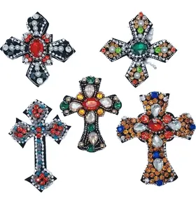 Punk Rock Style Diamond Pearl Decor Iron On Patches 3D Cross Shaped Rhinestone Beaded Appliques