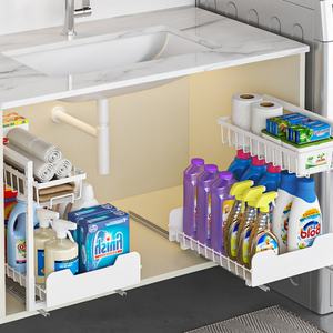 Kotak penyimpanan bumbu tarik, rak logam bebas lubang 2 tingkat Organizer tipe berdiri untuk dapur kamar mandi - Product Image 4