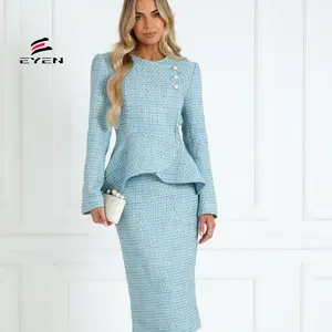Conyson Latest Design Outono Inverno das Mulheres Pure Color Elegante Suit Collar Plissado Lapela Split Vestido Formal Ladies Set