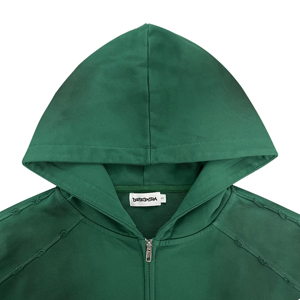 Sudadera con capucha verde de alta calidad, extragrande, con efecto lavado y cremallera, 100% algodón, estampado DTG, estilo streetwear desgastado, para venta al por mayor - Product Image 3