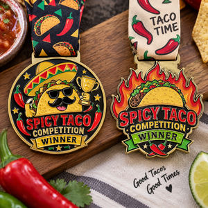 Médaille de récompense personnalisée en métal émaillé souple, thème Taco mexicain épicé, pour la victoire en compétition culinaire, avec <span class=keywords><strong>ruban</strong></span> imprimé par sublimation - Product Image 1