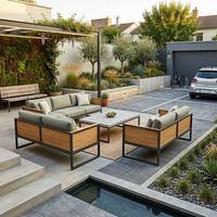 Ensemble de canapés d'extérieur en forme de L, écologiques, durables, en aluminium et teck, style postmoderne, pour jardin et terrasse