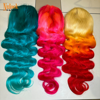 Peluca de Cabello Brasileño Personalizada sin Pegamento, Ondulada, HD, Pre-Desplumada, Rosa y Azul, Rizada, con Encaje Frontal Completo 13x4 para Mujer