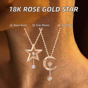 Collar con Colgante de Oro Rosa de 18k Original, Diseño de Estrella y Luna, Corte Brillante, Diamante Natural, 18 Pulgadas, Moderno, para Mujer, Boda - Product Image 2