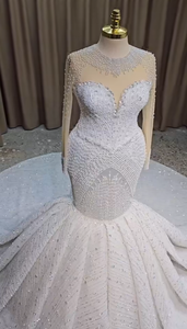 Su misura lussuoso Plus <span class=keywords><strong>Size</strong></span> abito da sposa abiti da sposa per la sposa sirena illusione collo trasparente di pizzo in rilievo - Product Image 5