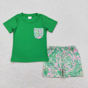 Ropa de verano al por mayor para bebés, conjuntos verdes con estampado floral, ropa a juego para hermanos varones. - Product Image 2