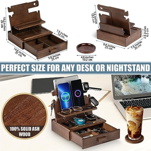 Station d'accueil pour téléphone en bois pour 3 appareils, organiseur de chevet, support de charge multifonction en bois pour téléphone, tablette, clés - Product Image 6