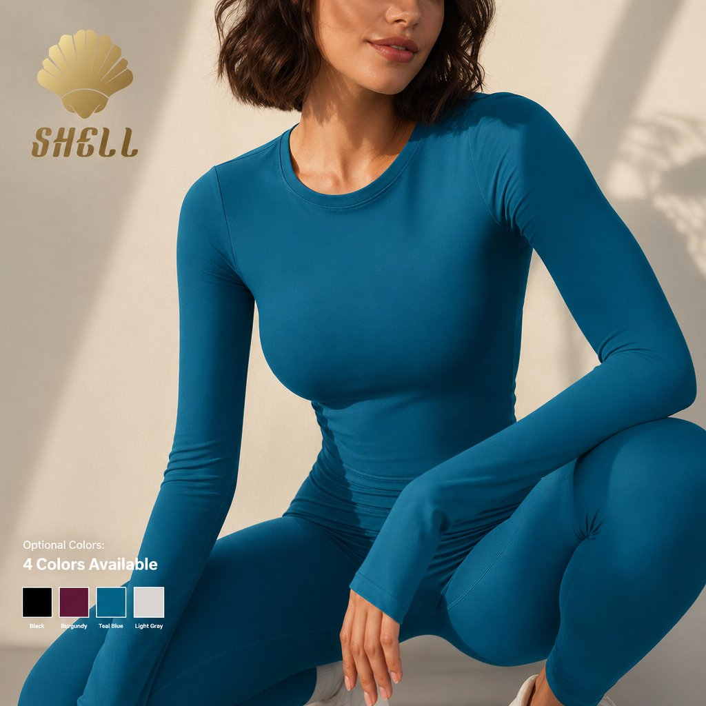 Women Long Sleeve Yoga Top With Thumb Holes Slim Fit Gym Shirts Round Neck Sports T-shirt Breathable Fitness Workout Activewear